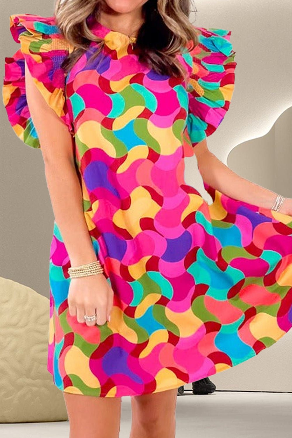 Contrast Print Round Neck Cap Sleeve Mini Dress - Loulou Boutique
