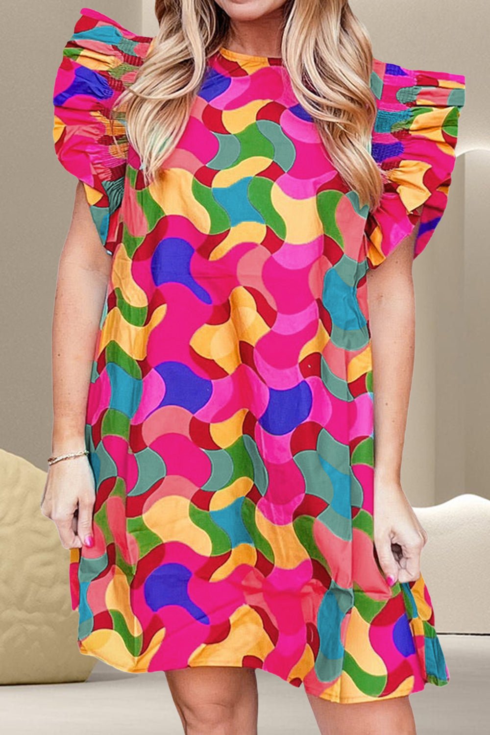 Contrast Print Round Neck Cap Sleeve Mini Dress - Loulou Boutique