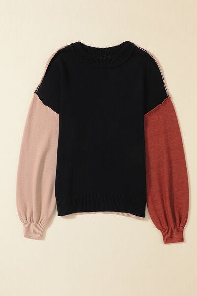 Contrast Round Neck Dropped Shoulder Sweater - Loulou Boutique
