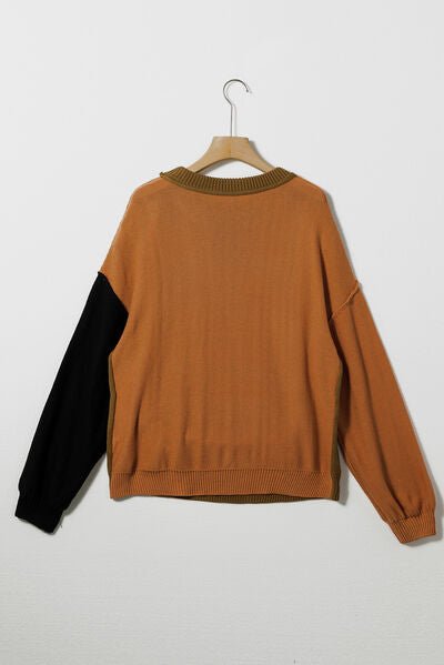 Contrast Round Neck Dropped Shoulder Sweater - Loulou Boutique