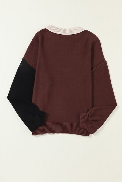Contrast Round Neck Dropped Shoulder Sweater - Loulou Boutique
