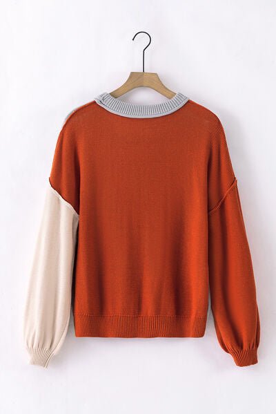 Contrast Round Neck Dropped Shoulder Sweater - Loulou Boutique