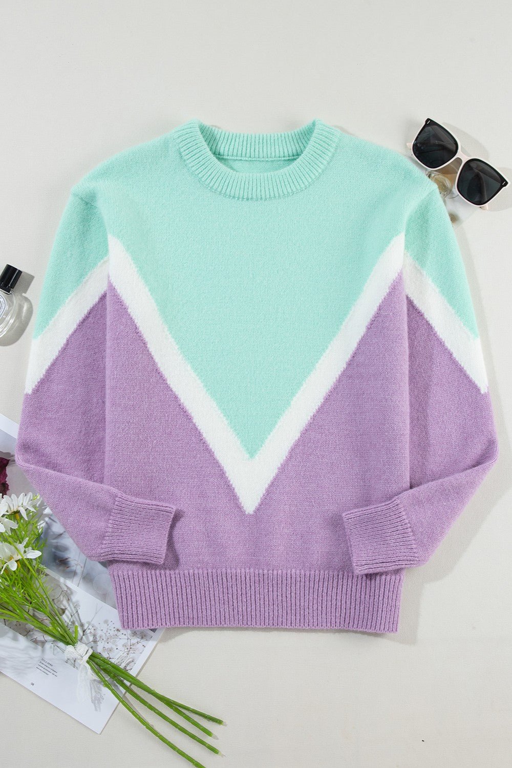 Contrast Round Neck Dropped Shoulder Sweater - Loulou Boutique