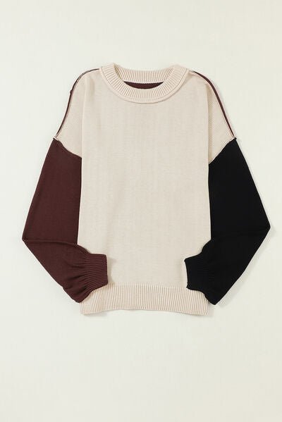 Contrast Round Neck Dropped Shoulder Sweater - Loulou Boutique