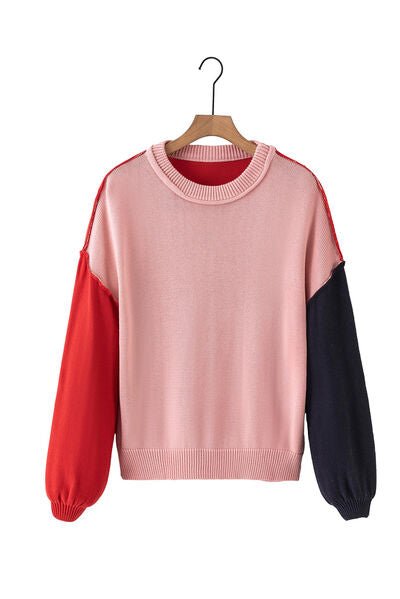 Contrast Round Neck Dropped Shoulder Sweater - Loulou Boutique