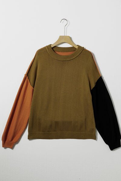 Contrast Round Neck Dropped Shoulder Sweater - Loulou Boutique