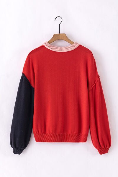 Contrast Round Neck Dropped Shoulder Sweater - Loulou Boutique