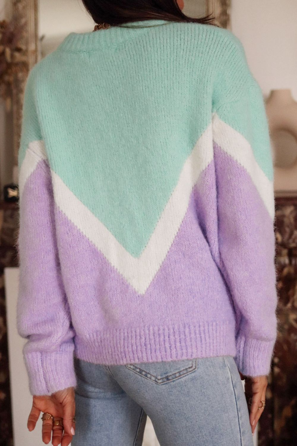 Contrast Round Neck Dropped Shoulder Sweater - Loulou Boutique