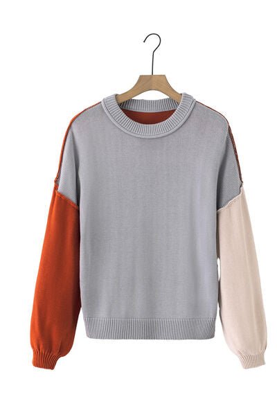 Contrast Round Neck Dropped Shoulder Sweater - Loulou Boutique