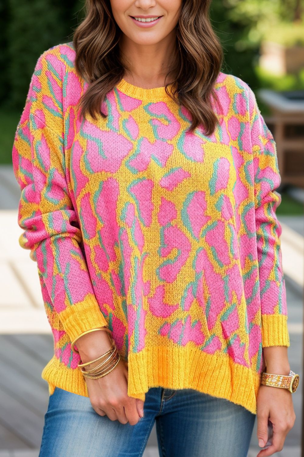Contrast Round Neck Long Sleeve Sweater - Loulou Boutique