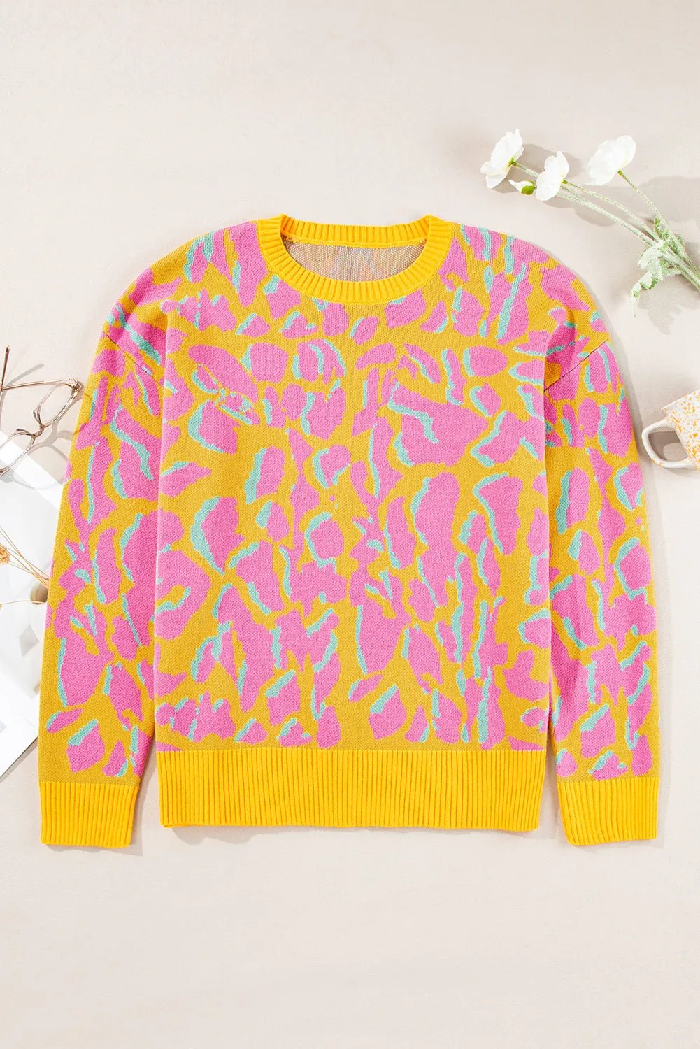 Contrast Round Neck Long Sleeve Sweater - Loulou Boutique