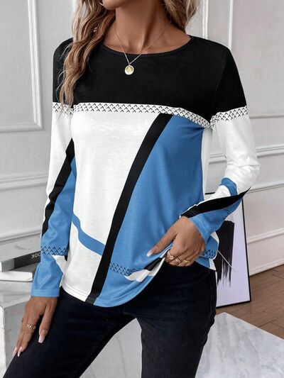 Contrast Round Neck Long Sleeve T - Shirt - Loulou Boutique