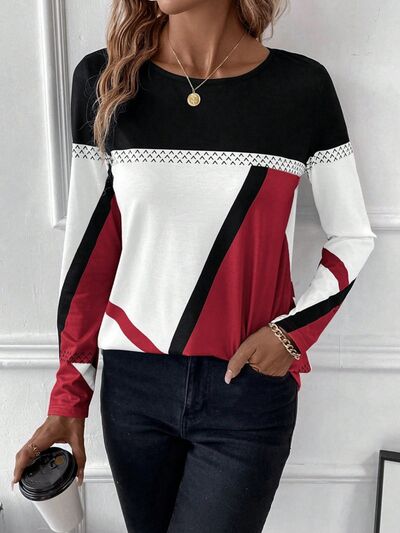 Contrast Round Neck Long Sleeve T - Shirt - Loulou Boutique