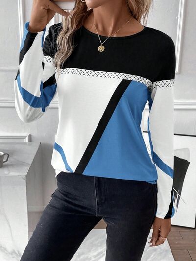 Contrast Round Neck Long Sleeve T - Shirt - Loulou Boutique