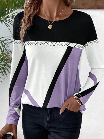 Contrast Round Neck Long Sleeve T - Shirt - Loulou Boutique
