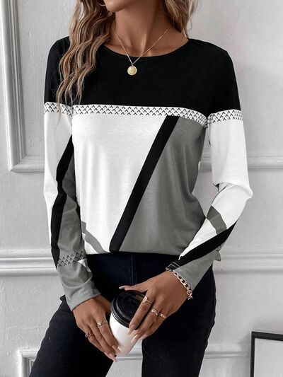 Contrast Round Neck Long Sleeve T - Shirt - Loulou Boutique
