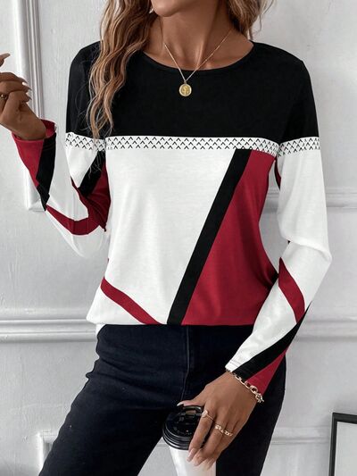 Contrast Round Neck Long Sleeve T - Shirt - Loulou Boutique