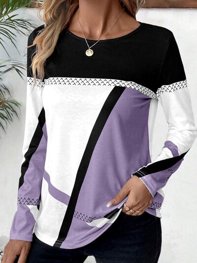 Contrast Round Neck Long Sleeve T - Shirt - Loulou Boutique