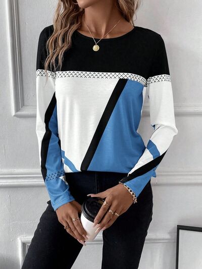 Contrast Round Neck Long Sleeve T - Shirt - Loulou Boutique