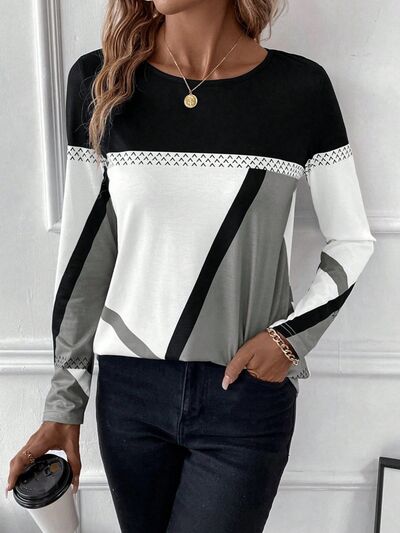 Contrast Round Neck Long Sleeve T - Shirt - Loulou Boutique