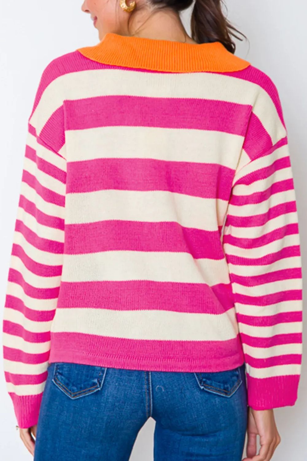 Contrast Stripes Johnny Collar Long Sleeve Sweater - Loulou Boutique