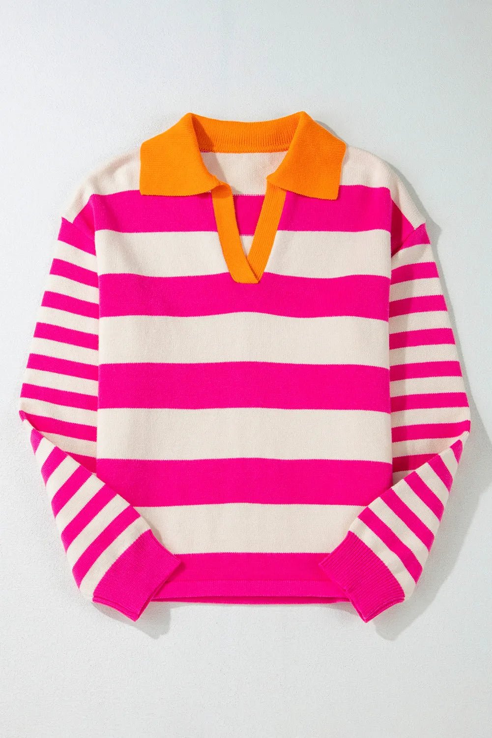 Contrast Stripes Johnny Collar Long Sleeve Sweater - Loulou Boutique