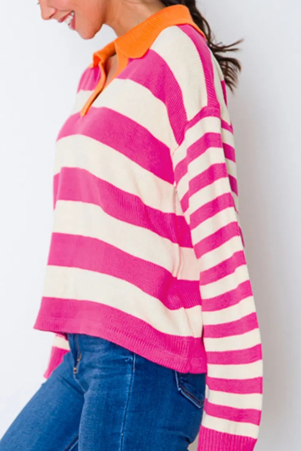 Contrast Stripes Johnny Collar Long Sleeve Sweater - Loulou Boutique