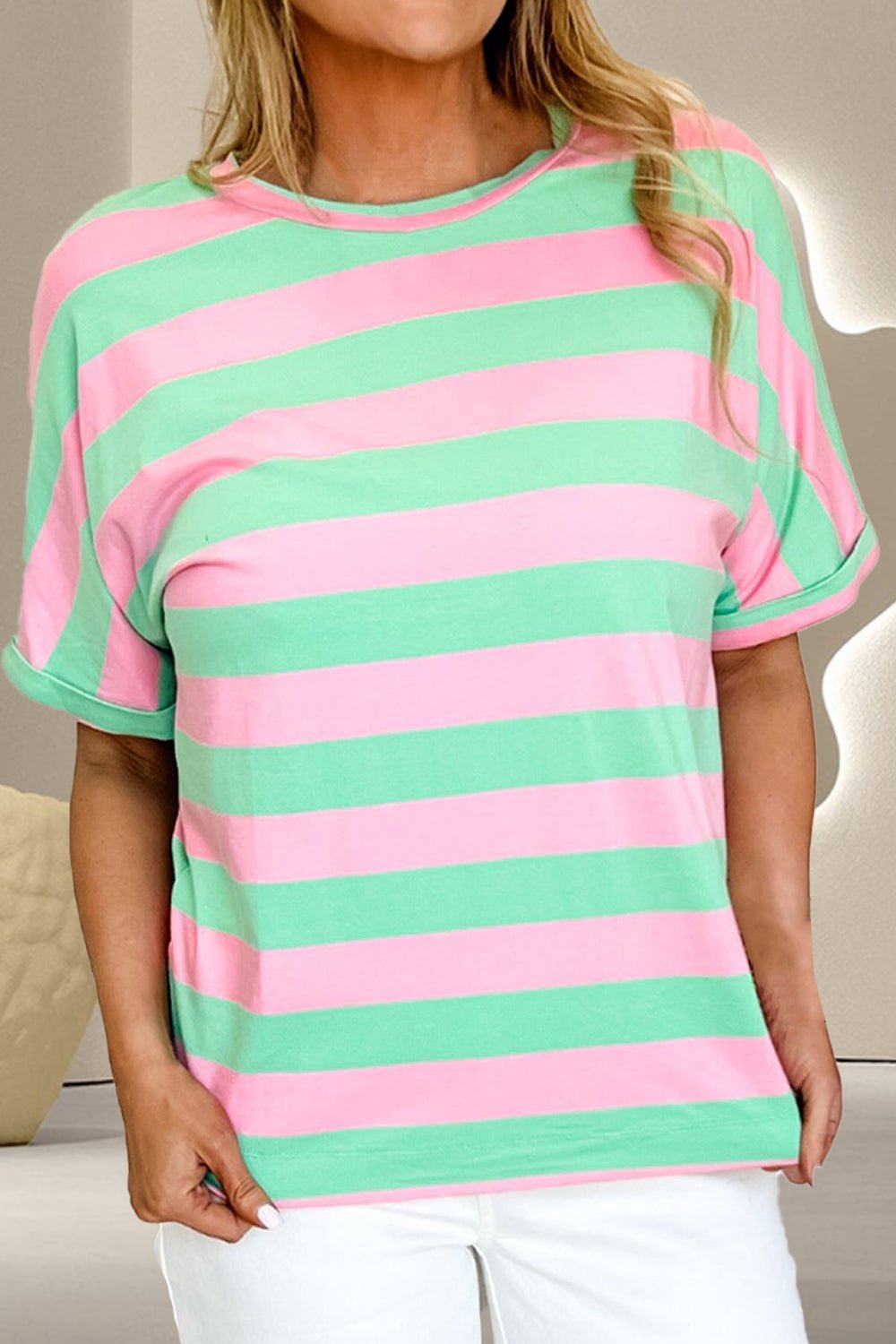 Contrast Stripes Round Neck Half Sleeve T - Shirt - Loulou Boutique