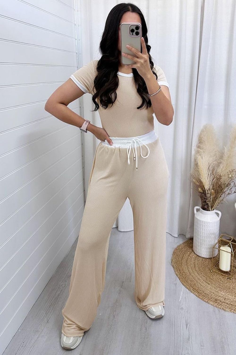 Contrast Trim Round Neck Top and Pants Set - Loulou Boutique