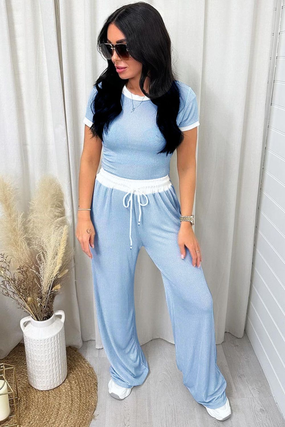 Contrast Trim Round Neck Top and Pants Set - Loulou Boutique