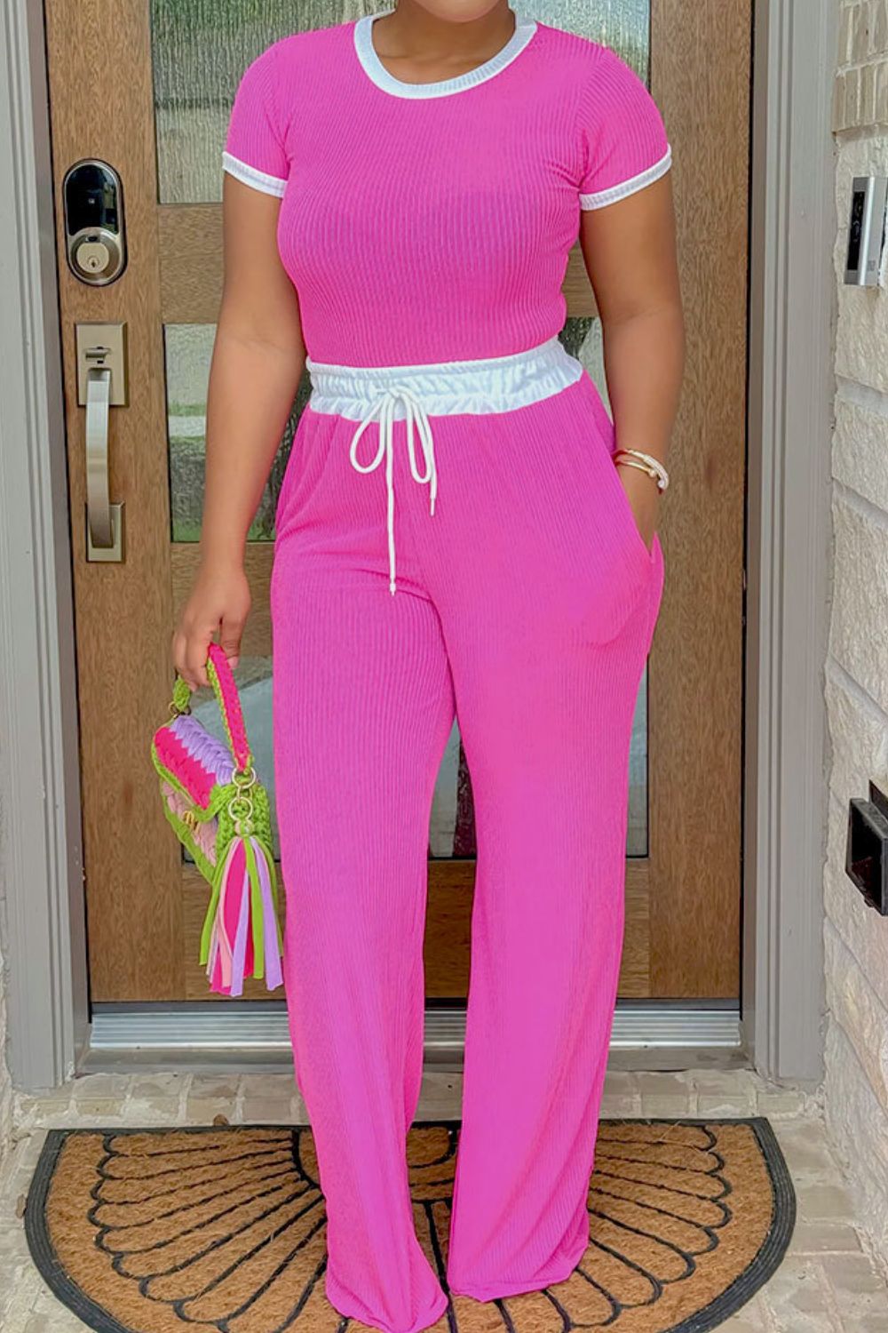 Contrast Trim Round Neck Top and Pants Set - Loulou Boutique