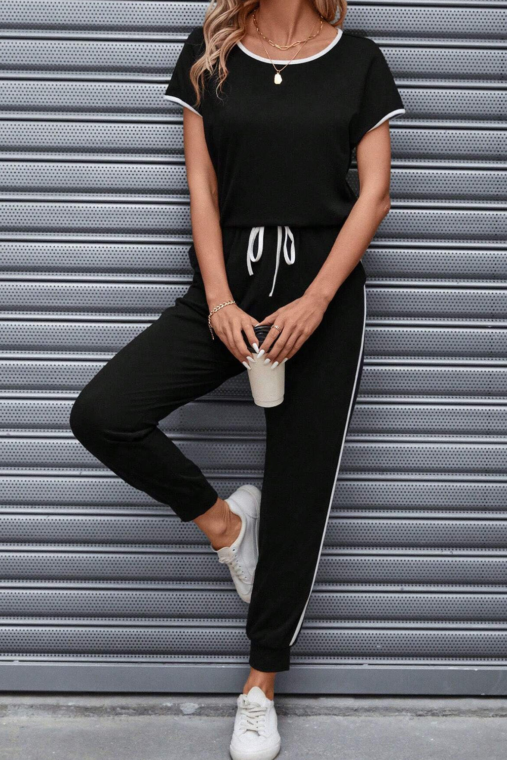 Contrast Trim Round Neck Top and Pants Set - Loulou Boutique
