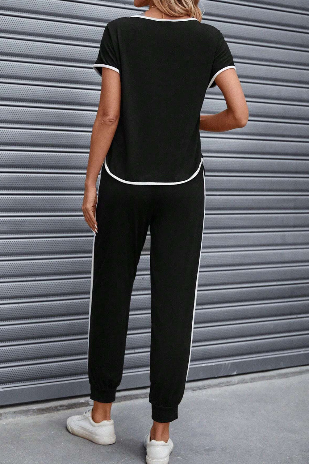 Contrast Trim Round Neck Top and Pants Set - Loulou Boutique