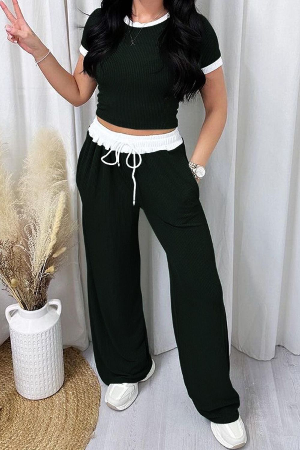 Contrast Trim Round Neck Top and Pants Set - Loulou Boutique
