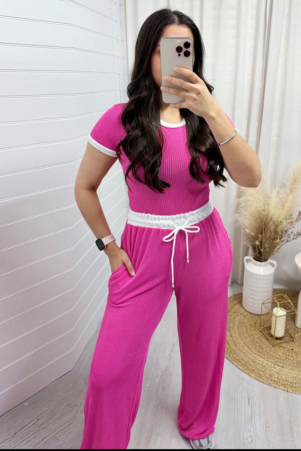 Contrast Trim Round Neck Top and Pants Set - Loulou Boutique