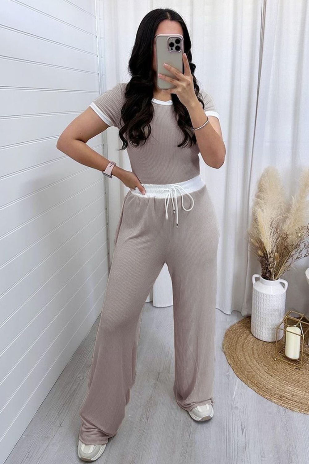 Contrast Trim Round Neck Top and Pants Set - Loulou Boutique