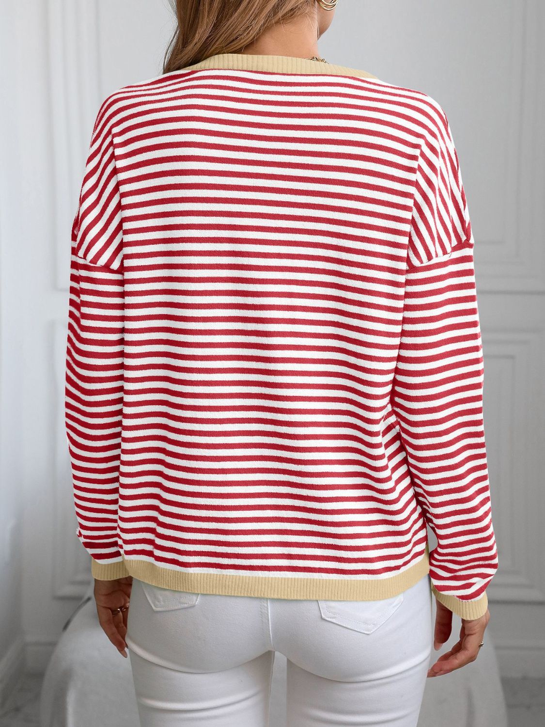 Contrast Trim Striped V - Neck Long Sleeve Knit Top - Loulou Boutique
