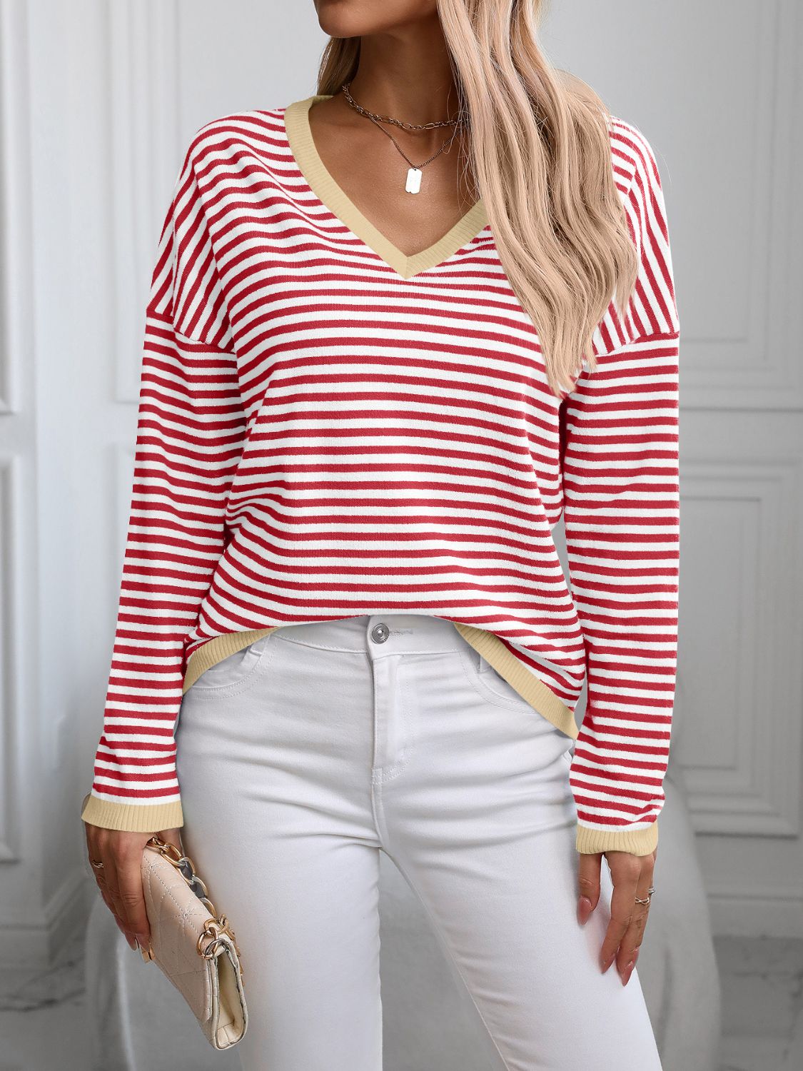 Contrast Trim Striped V - Neck Long Sleeve Knit Top - Loulou Boutique