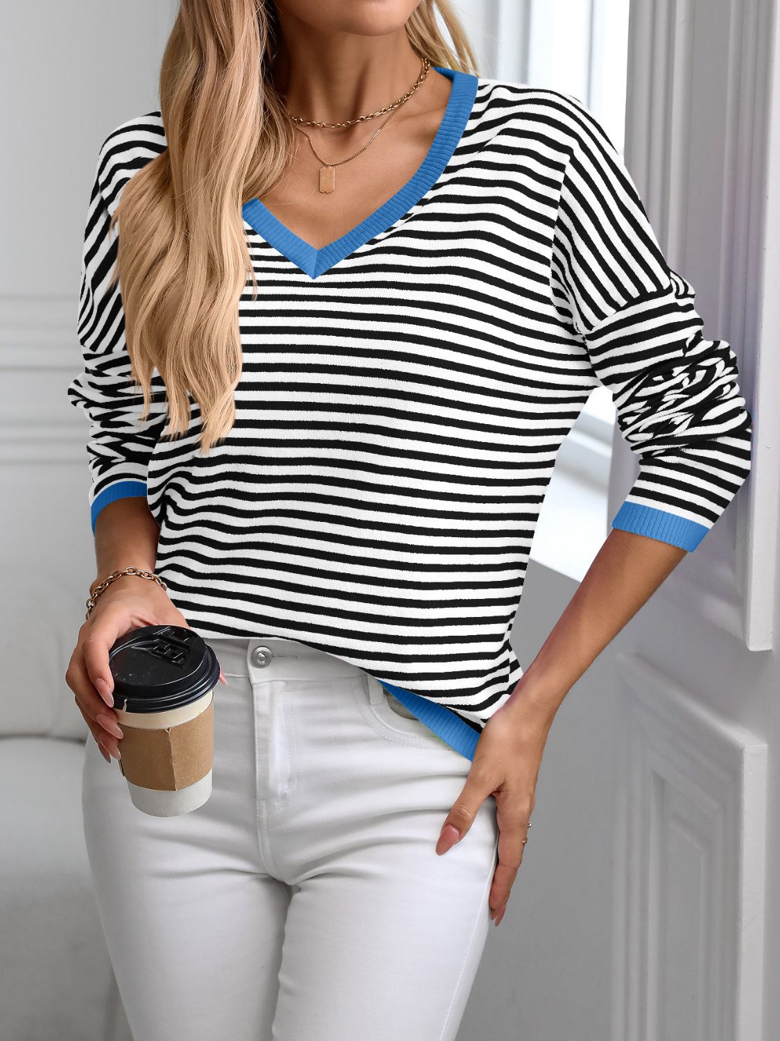 Contrast Trim Striped V - Neck Long Sleeve Knit Top - Loulou Boutique