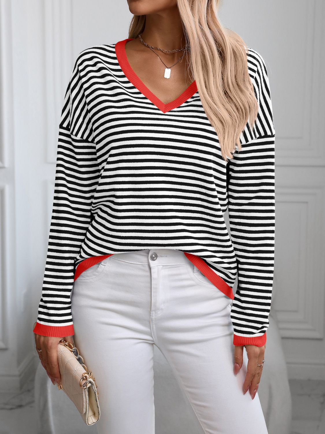 Contrast Trim Striped V - Neck Long Sleeve Knit Top - Loulou Boutique