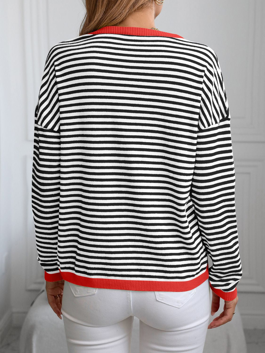 Contrast Trim Striped V - Neck Long Sleeve Knit Top - Loulou Boutique