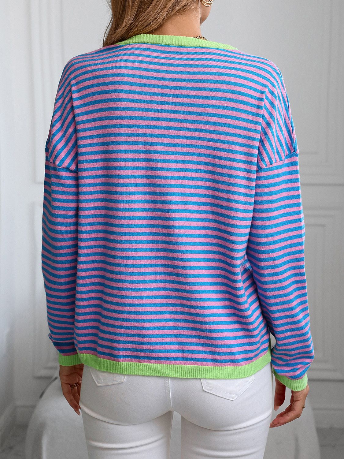 Contrast Trim Striped V - Neck Long Sleeve Knit Top - Loulou Boutique