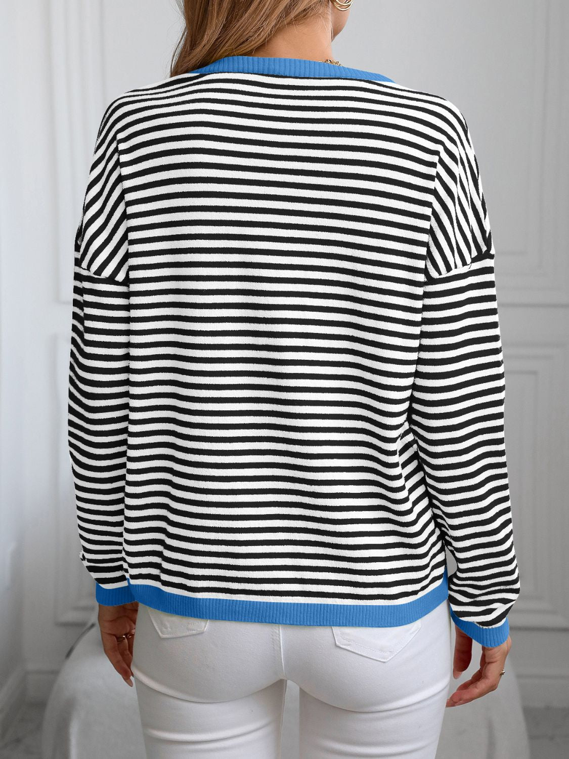 Contrast Trim Striped V - Neck Long Sleeve Knit Top - Loulou Boutique