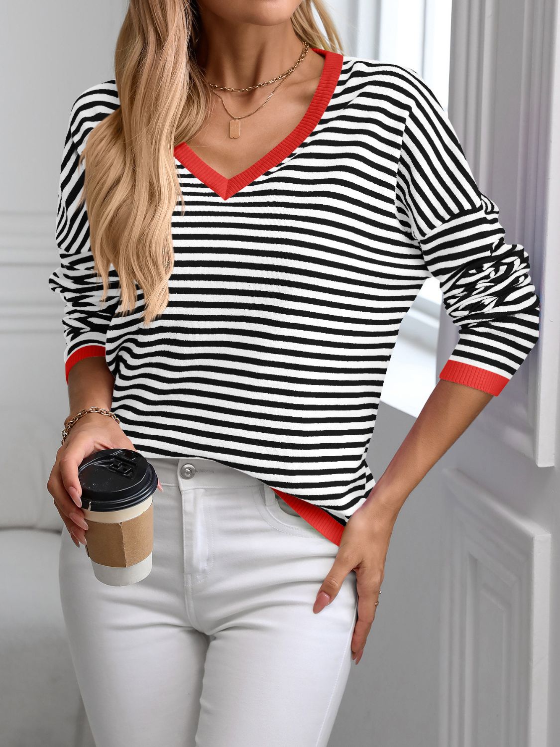 Contrast Trim Striped V - Neck Long Sleeve Knit Top - Loulou Boutique