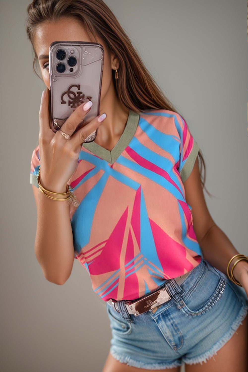 Contrast V - Neck Cap Sleeve Blouse - Loulou Boutique