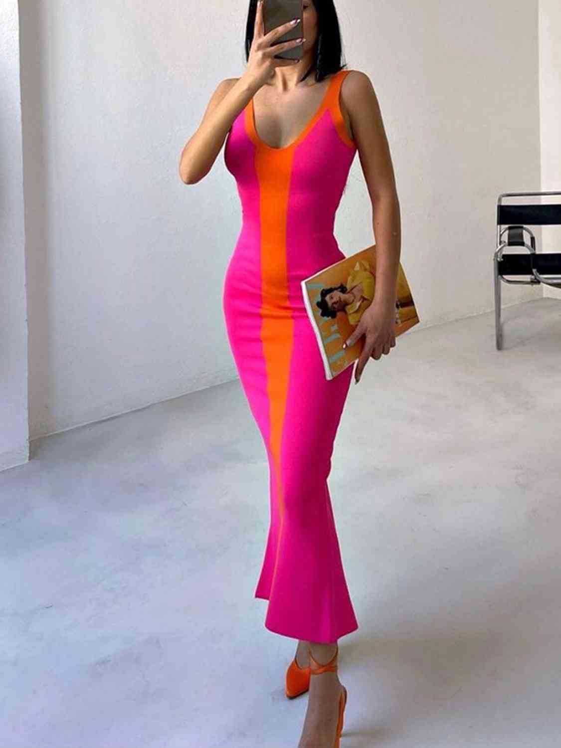 Contrast Wide Strap Slit Midi Dress - Loulou Boutique