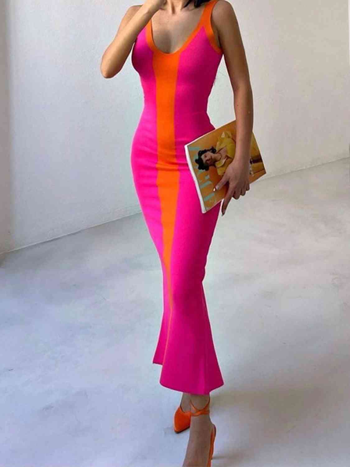 Contrast Wide Strap Slit Midi Dress - Loulou Boutique