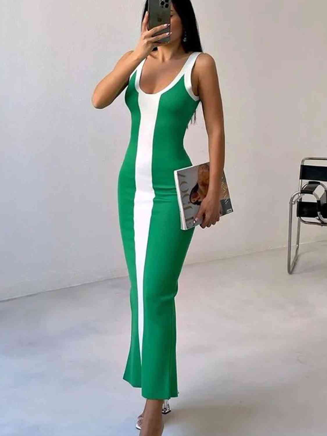 Contrast Wide Strap Slit Midi Dress - Loulou Boutique