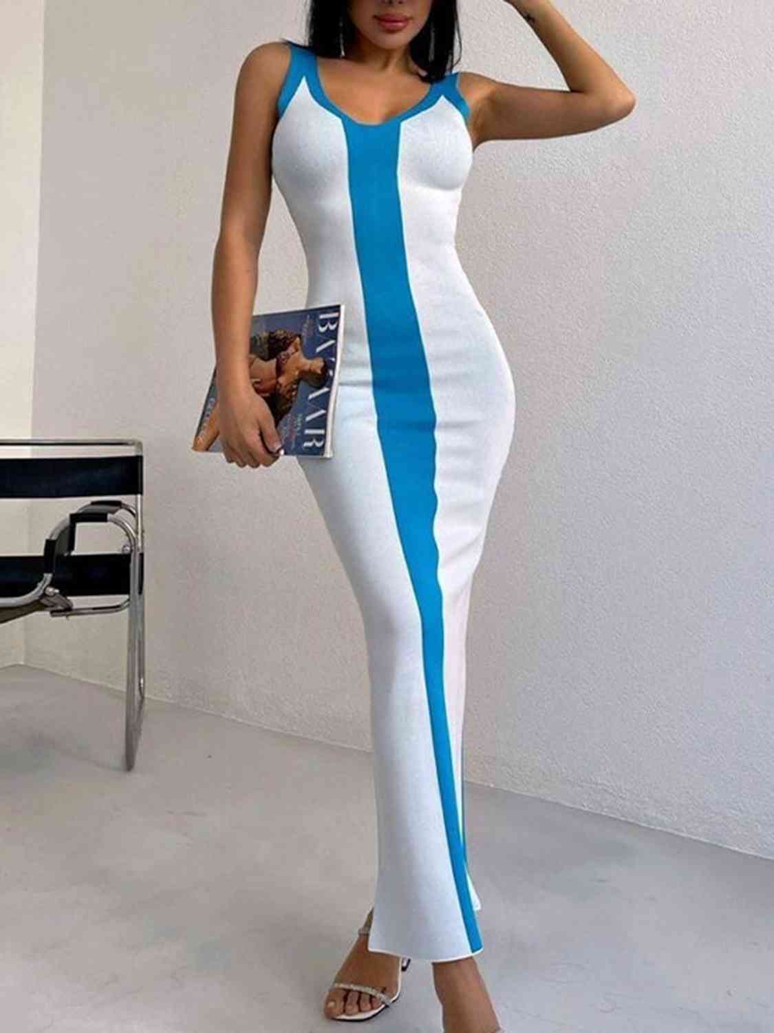 Contrast Wide Strap Slit Midi Dress - Loulou Boutique