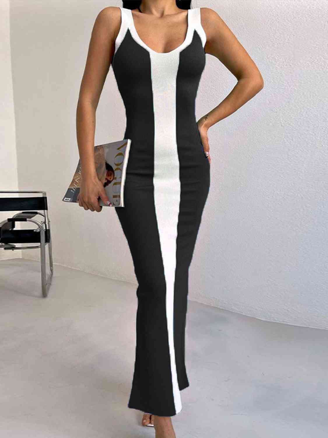 Contrast Wide Strap Slit Midi Dress - Loulou Boutique